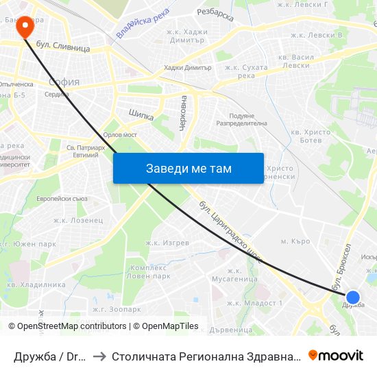 Дружба / Druzhba to Столичната Регионална Здравна Инспекция map