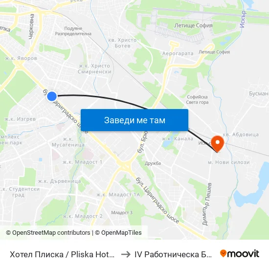Хотел Плиска / Pliska Hotel (2326) to IV Работническа Болница map