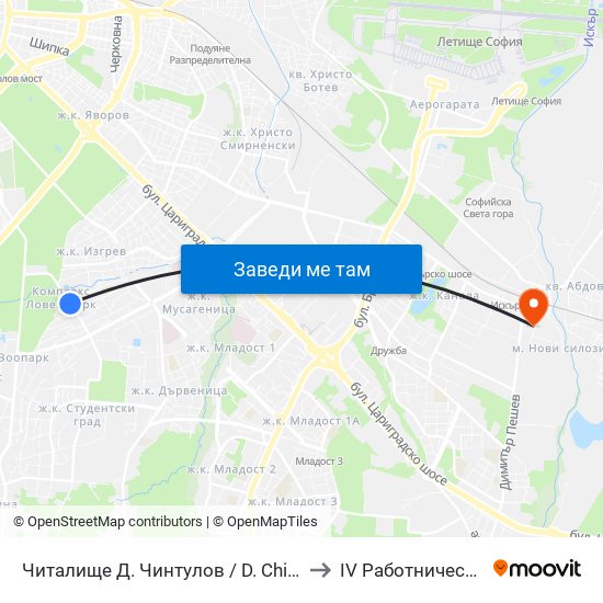 Читалище Д. Чинтулов / D. Chintulov Library (2366) to IV Работническа Болница map