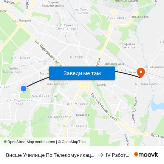 Висше Училище По Телекомуникации / University Of Telecommunications And Post (1397) to IV Работническа Болница map