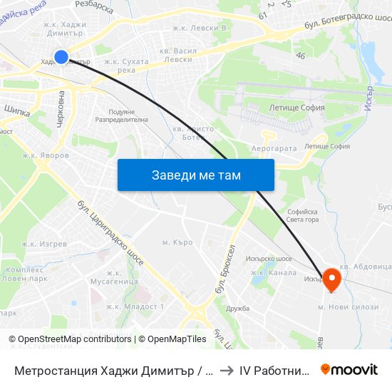 Метростанция Хаджи Димитър / Hadzhi Dimitar Metro Station (0303) to IV Работническа Болница map