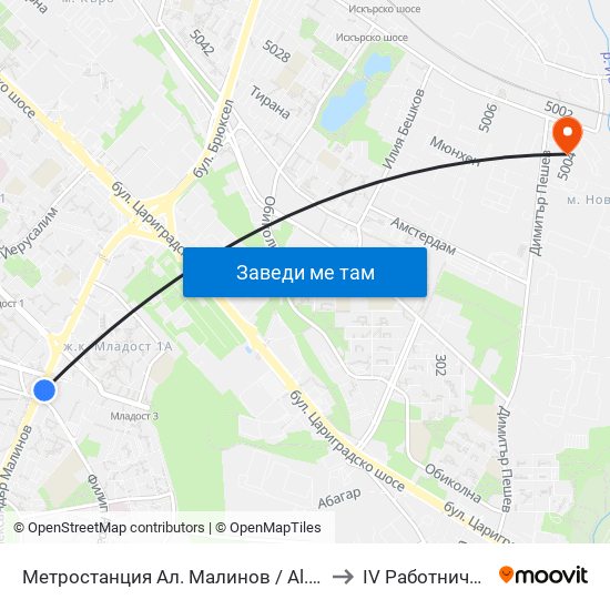 Метростанция Ал. Малинов / Al. Malinov Metro Station (0170) to IV Работническа Болница map