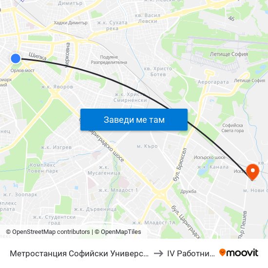 Метростанция Софийски Университет / Sofia University Metro Station (2827) to IV Работническа Болница map