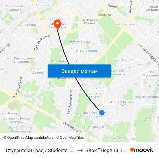 Студентски Град / Students' Town (2382) to Блок ""Нервни Болести"" map