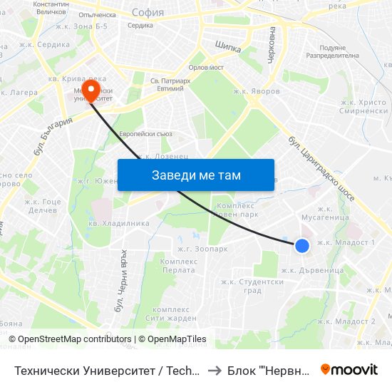 Технически Университет / Technical University (1743) to Блок ""Нервни Болести"" map