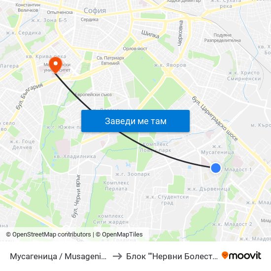 Мусагеница /  Musagenitsa to Блок ""Нервни Болести"" map