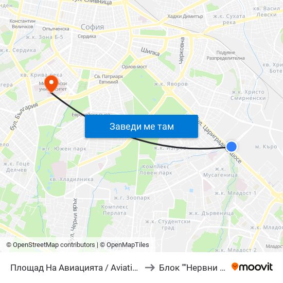 Площад На Авиацията / Aviation Square (1258) to Блок ""Нервни Болести"" map