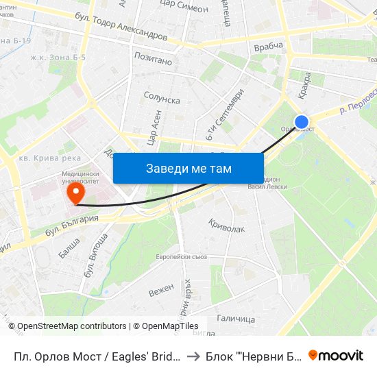 Пл. Орлов Мост / Eagles' Bridge Sq. (1289) to Блок ""Нервни Болести"" map