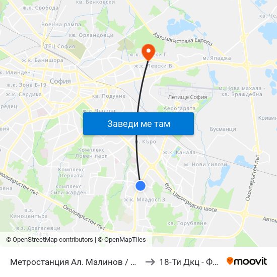 Метростанция Ал. Малинов / Al. Malinov Metro Station (0170) to 18-Ти Дкц - Филиал Металург map
