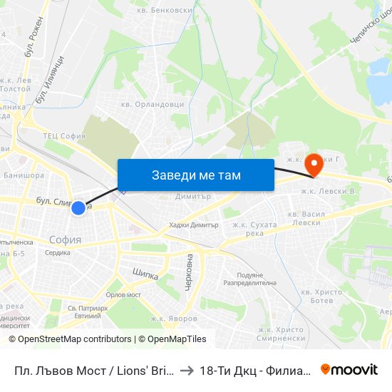Пл. Лъвов Мост / Lions' Bridge Sq. (1278) to 18-Ти Дкц - Филиал Металург map