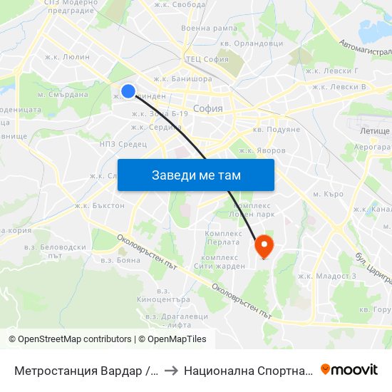 Метростанция Вардар / Vardar Metro Station (1045) to Национална Спортна Академия Васил Левски map