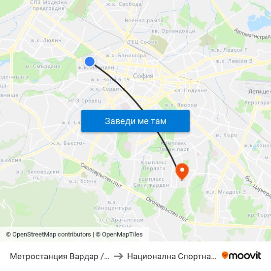Метростанция Вардар / Vardar Metro Station (1044) to Национална Спортна Академия Васил Левски map