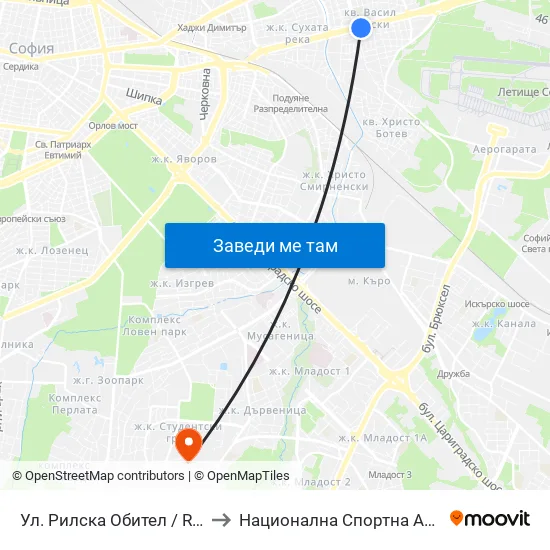 Ул. Рилска Обител / Rilska Obitel St. (2158) to Национална Спортна Академия Васил Левски map