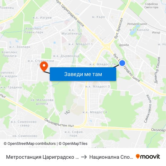 Метростанция Цариградско Шосе / Tsarigradsko Shosse Metro Station (1016) to Национална Спортна Академия Васил Левски map