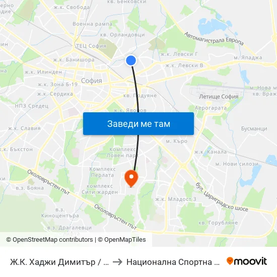 Ж.К. Хаджи Димитър / Hadzhi Dimitar Sq. (0692) to Национална Спортна Академия Васил Левски map