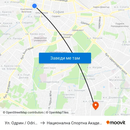 Ул. Одрин / Odrin St. (2077) to Национална Спортна Академия Васил Левски map