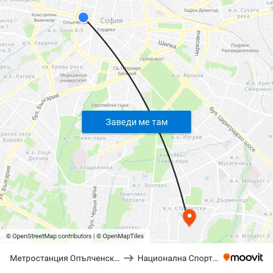 Ⓜ️ Метростанция Опълченска / Opalchenska Metro Station (1058) to Национална Спортна Академия Васил Левски map