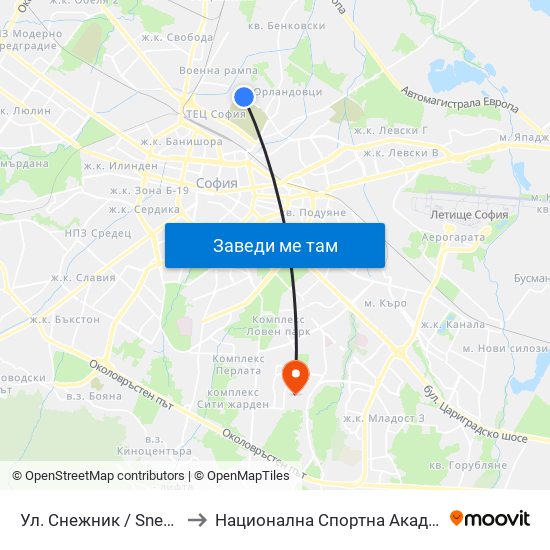 Ул. Снежник / Snezhnik St. (2176) to Национална Спортна Академия Васил Левски map