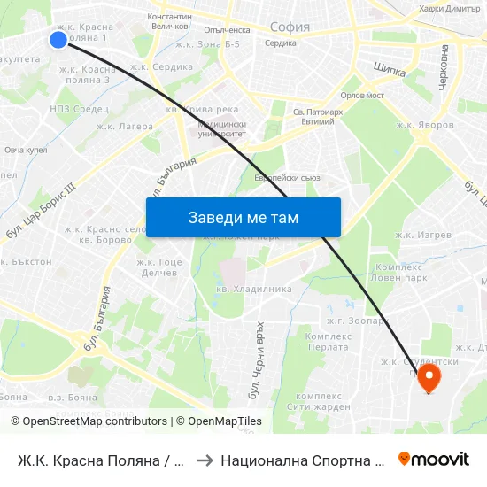 Ж.К. Красна Поляна / Krasna Polyana Qr. (2163) to Национална Спортна Академия Васил Левски map