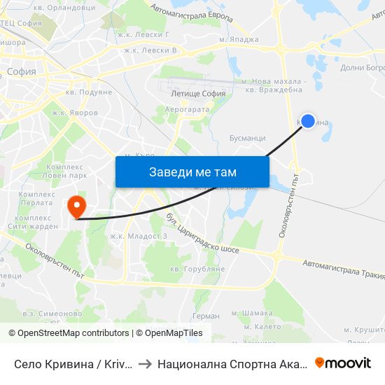 Село Кривина / Krivina Village (1541) to Национална Спортна Академия Васил Левски map