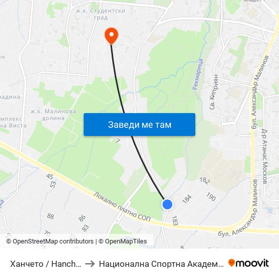Ханчето / Hancheto (2300) to Национална Спортна Академия Васил Левски map
