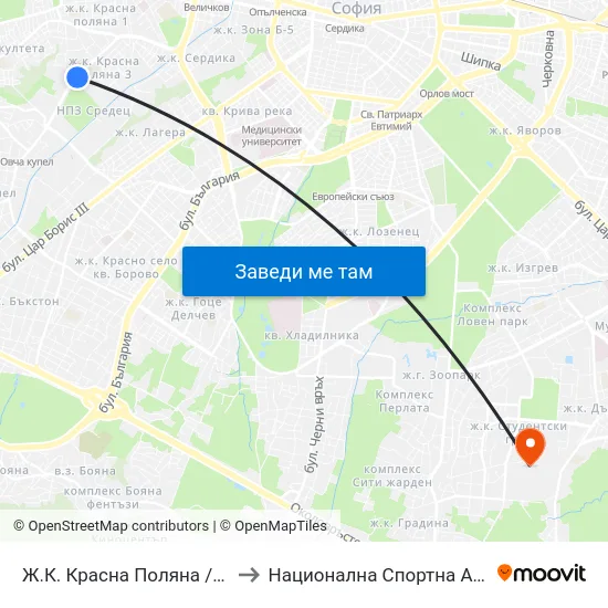 Ж.К. Красна Поляна / Krasna Polyana (0632) to Национална Спортна Академия Васил Левски map