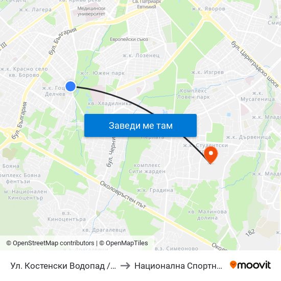 Ул. Костенски Водопад / Kostenski Vodopad St. (2009) to Национална Спортна Академия Васил Левски map