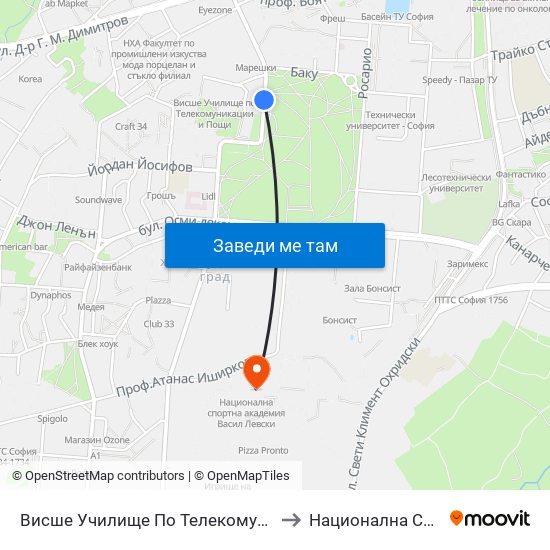 Висше Училище По Телекомуникации / University Of Telecommunications And Post (1396) to Национална Спортна Академия Васил Левски map