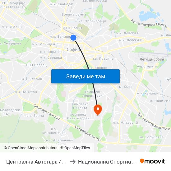 Централна Автогара / Central Bus Station (2665) to Национална Спортна Академия Васил Левски map