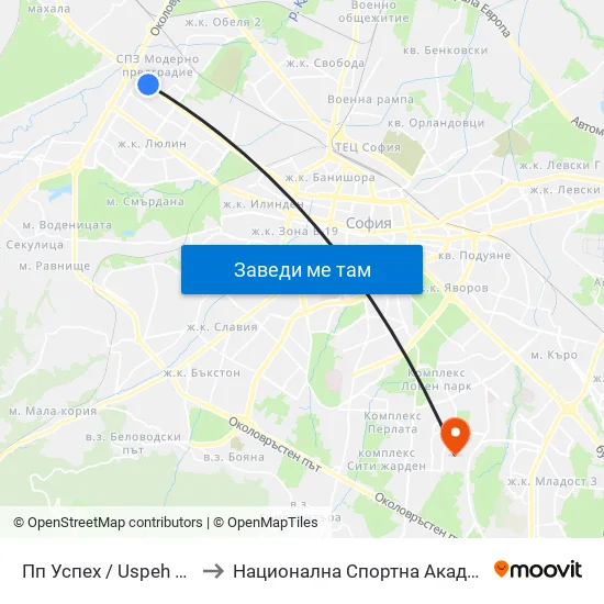 Пп Успех / Uspeh Factory (1751) to Национална Спортна Академия Васил Левски map