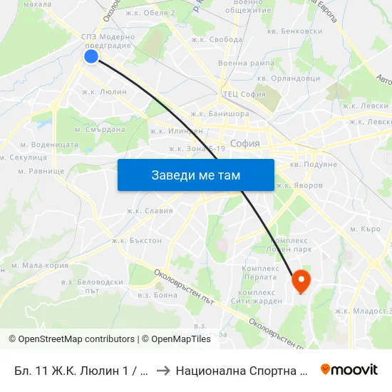 Бл. 11 Ж.К. Люлин 1 / Bl. 11, Lyulin 1 Qr. (1391) to Национална Спортна Академия Васил Левски map