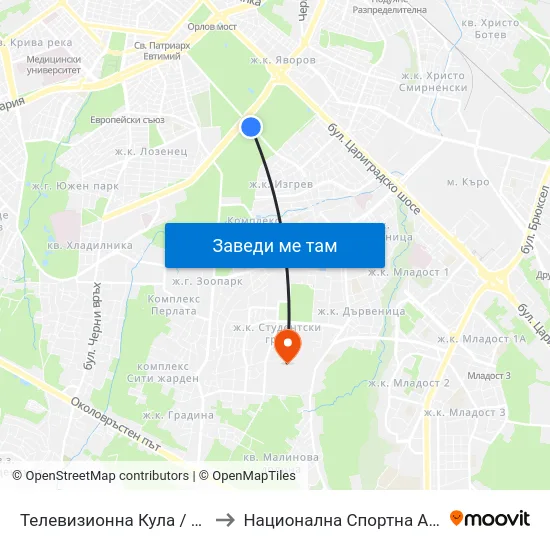 Телевизионна Кула / Television Tower (1729) to Национална Спортна Академия Васил Левски map