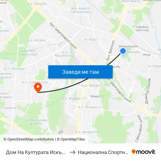 Дом На Културата Искър / Iskar House Of Culture (2369) to Национална Спортна Академия Васил Левски map