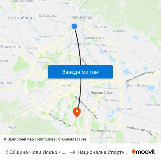👋 Община Нови Искър / Municipality Of Novi Iskar (0956) to Национална Спортна Академия Васил Левски map