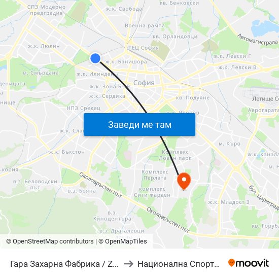 Гара Захарна Фабрика / Zaharna Fabrika Train Station (0622) to Национална Спортна Академия Васил Левски map