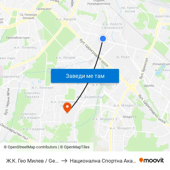 🚌 Ж.К. Гео Милев / Geo Milev Qr. (0595) to Национална Спортна Академия Васил Левски map