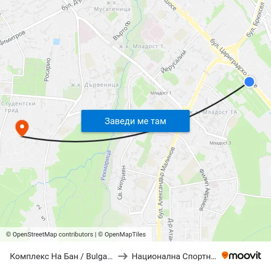 Комплекс На Бан / Bulgarian Academy Of Sciences (0084) to Национална Спортна Академия Васил Левски map