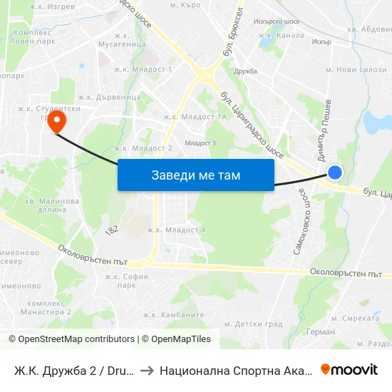 Ж.К. Дружба 2 / Druzhba 2 Qr. (0612) to Национална Спортна Академия Васил Левски map