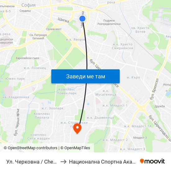 Ул. Черковна / Cherkovna St. (2258) to Национална Спортна Академия Васил Левски map