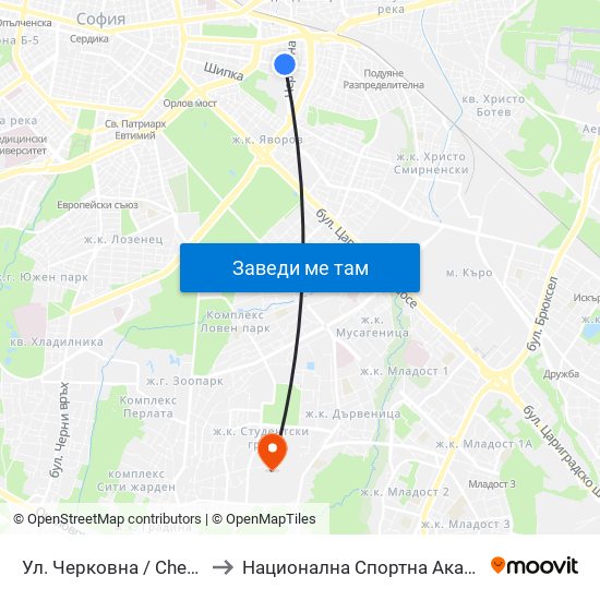 Ул. Черковна / Cherkovna St. (2259) to Национална Спортна Академия Васил Левски map