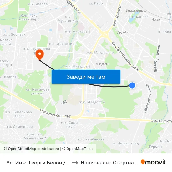 Ул. Инж. Георги Белов / Inzh. Georgi Belov St. (2591) to Национална Спортна Академия Васил Левски map