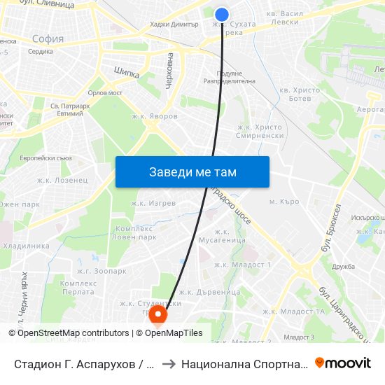 Стадион Г. Аспарухов / G. Asparuhov Stadium (1612) to Национална Спортна Академия Васил Левски map