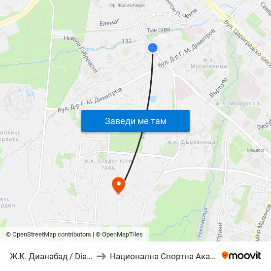 Ж.К. Дианабад / Dianabad Qr. (0630) to Национална Спортна Академия Васил Левски map