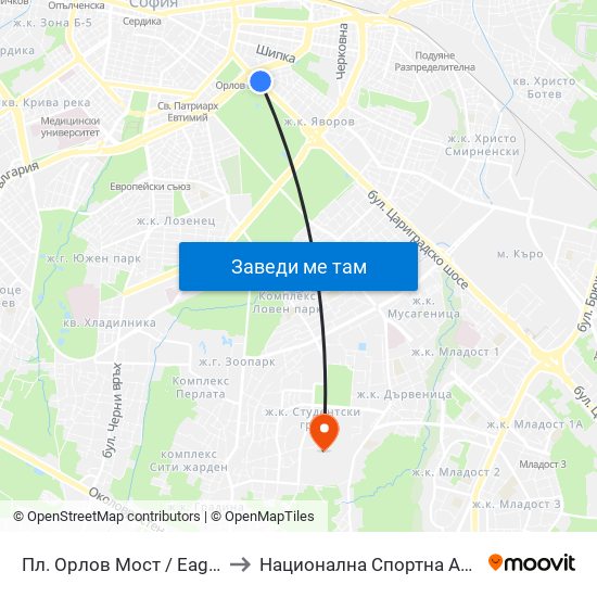 Пл. Орлов Мост / Eagles' Bridge Sq. (1288) to Национална Спортна Академия Васил Левски map