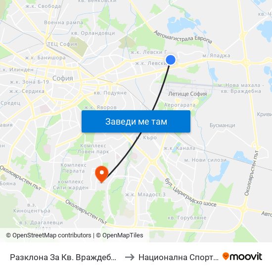 Разклона За Кв. Враждебна / Fork Road To Vrazhdebna Qr. (1579) to Национална Спортна Академия Васил Левски map