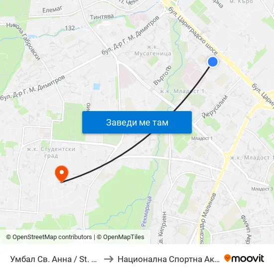 Умбал Св. Анна / St. Anna Hospital (1195) to Национална Спортна Академия Васил Левски map