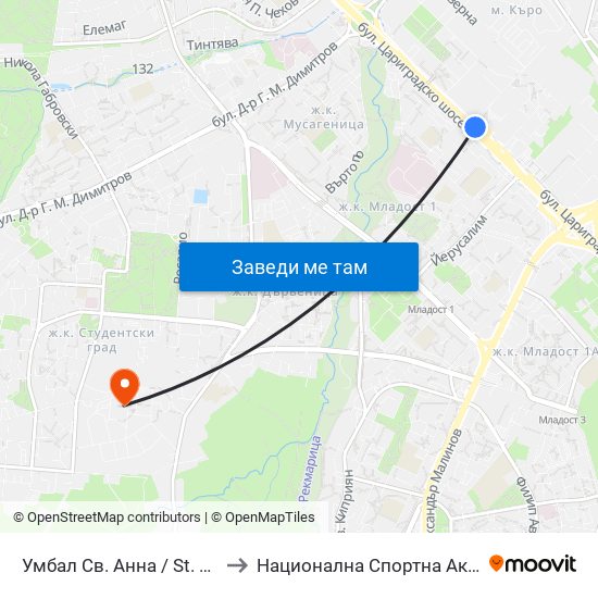 Умбал Св. Анна / St. Anna Hospital (1196) to Национална Спортна Академия Васил Левски map