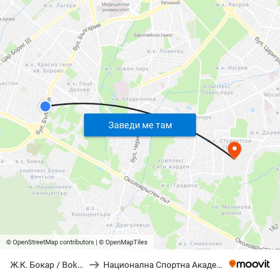 Ж.К. Бокар / Bokar Qr. (2689) to Национална Спортна Академия Васил Левски map