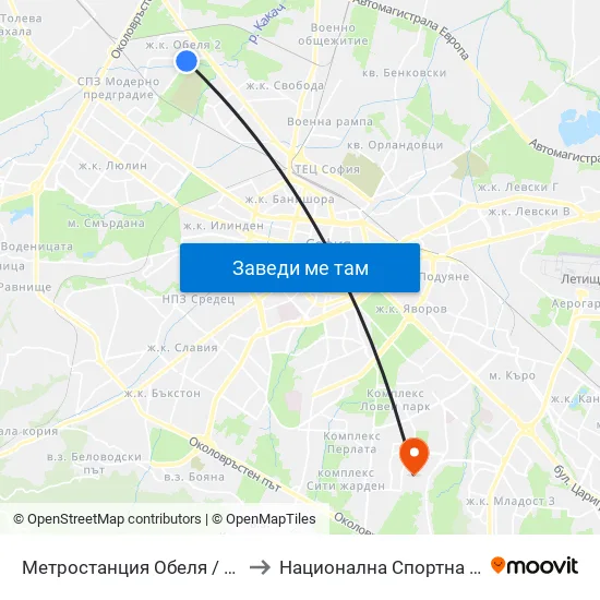 Ⓜ️ Метростанция Обеля / Obelya Metro Station (0060) to Национална Спортна Академия Васил Левски map