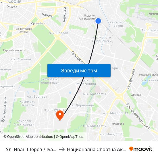 Ул. Иван Щерев / Ivan Shterev St. (1955) to Национална Спортна Академия Васил Левски map